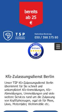Vorschau der mobilen Webseite www.tsp-service.de, Kfz-Zulassungsdienst Berlin TSP GmbH