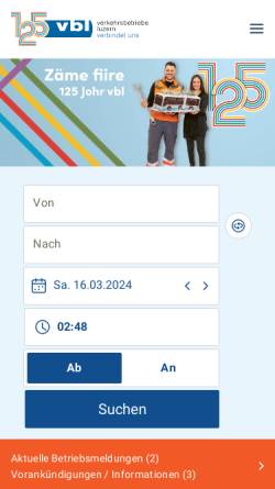 Vorschau der mobilen Webseite www.vbl.ch, Verkehrsbetriebe Luzern