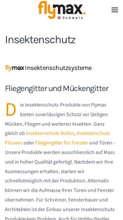 Vorschau der mobilen Webseite www.insektenschutz-flymax.ch, Flymax Schweiz