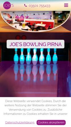 Vorschau der mobilen Webseite www.joes-pirna.de, Joe`s Bowling Pirna