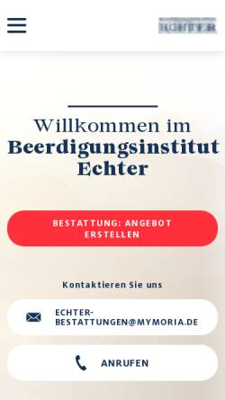 Vorschau der mobilen Webseite www.beerdigungsinstitut-echter.de, Beerdigungsinstitut Echter | Weilheim - Teil der mymoria Familie