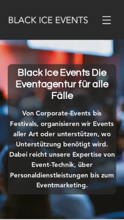 Vorschau der mobilen Webseite www.blackiceevents.de, Black Ice Events Eventagentur