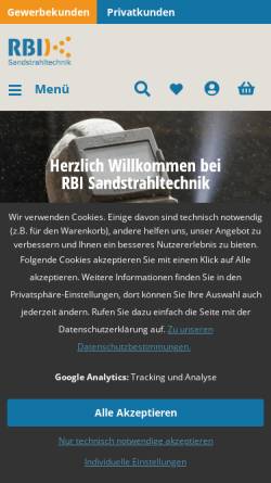 Vorschau der mobilen Webseite www.sandstrahl-shop.de, RBI Sandstrahltechnik GmbH