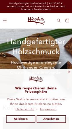 Vorschau der mobilen Webseite woodelia-holzschmuck.de, Woodelia Holzschmuck Design