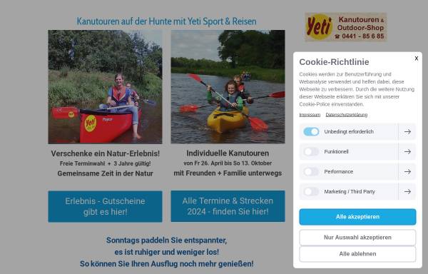 Vorschau von www.natur-erlebnis-kanutouren-hunte.de, Yeti Sport & Reisen