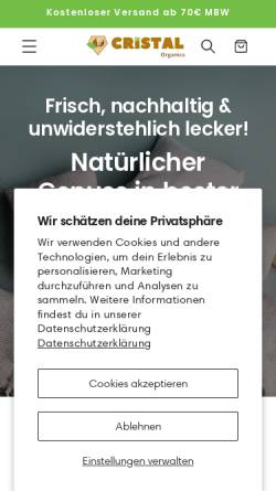 Vorschau der mobilen Webseite cristalorganics.com, Cristal Organics
