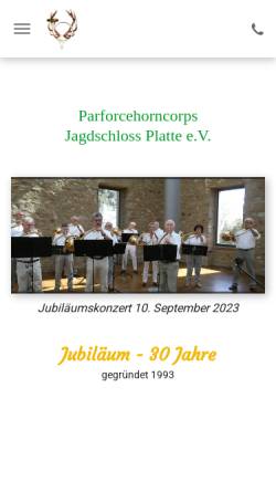 Vorschau der mobilen Webseite www.parforcehorncorps-jagdschloss-platte.de, Parforcehorncorps Jagdschloss Platte
