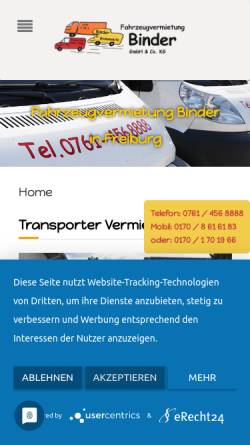 Vorschau der mobilen Webseite www.fahrzeugvermietung-binder.de, Fahrzeugvermietung Binder