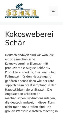 Vorschau der mobilen Webseite www.kokosweberei-schaer.de, August Schär KG - Mechanische Kokosweberei