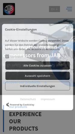 Vorschau der mobilen Webseite www.jab-becker.de, JAB Kompressoren