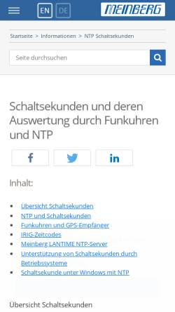 Vorschau der mobilen Webseite www.meinberg.de, Schaltsekunden und deren Auswertung durch Funkuhren und NTP