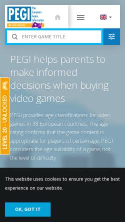 Vorschau der mobilen Webseite pegi.info, PEGI Pan European Game Information