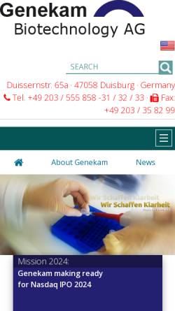 Vorschau der mobilen Webseite genekam.de, Genekam Biotechnology AG
