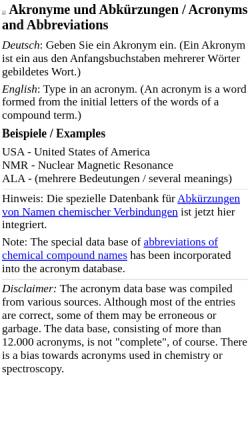 Vorschau der mobilen Webseite www.chemie.fu-berlin.de, Akronyme und Abkürzungen