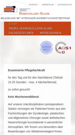 Vorschau der mobilen Webseite www.hohenzollern-klinik.de, Hohenzollern-Klinik GmbH & Co. KG