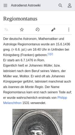 Vorschau der mobilen Webseite wiki.astro.com, Regiomontanus, Johannes alias Müller, Johannes (1436-1476)