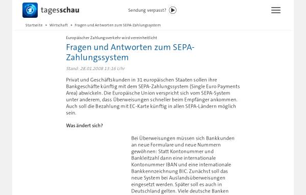 Vorschau von www.tagesschau.de, Fragen und Antworten zum SEPA-Zahlungssystem