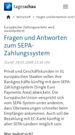 Vorschau der mobilen Webseite www.tagesschau.de, Fragen und Antworten zum SEPA-Zahlungssystem