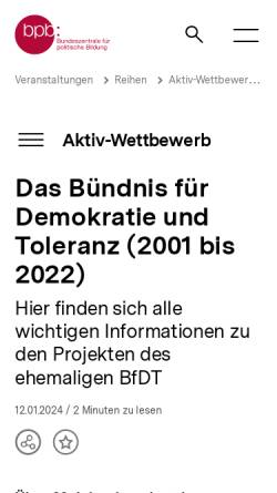 Vorschau der mobilen Webseite www.buendnis-toleranz.de, Bündnis für Demokratie und Toleranz (BDT)