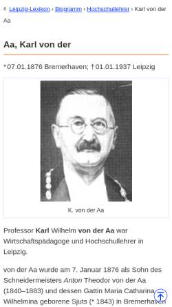 Vorschau der mobilen Webseite www.leipzig-lexikon.de, Karl von der Aa (1876-1937) - Wirtschaftspädagoge
