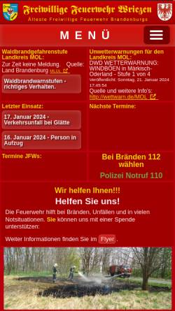 Vorschau der mobilen Webseite ffw-wriezen.de, Freiwillige Feuerwehr Wriezen