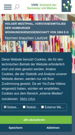 Vorschau der mobilen Webseite www.vnw.de, Verband norddeutscher Wohnungsunternehmen e.V.