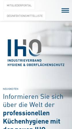 Vorschau der mobilen Webseite www.iho.de, Industrieverband Hygiene und Oberflächenschutz (IHO)