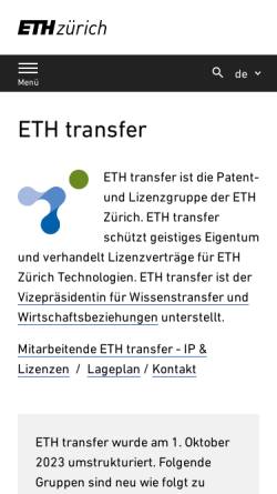 Vorschau der mobilen Webseite www.transfer.ethz.ch, ETH transfer - Technologietransferstelle der ETH Zürich