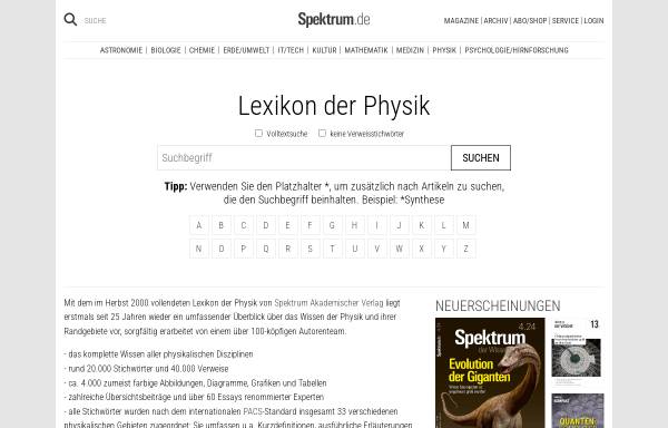 Vorschau von www.wissenschaft-online.de, Lexikon der Physik