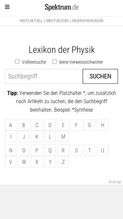 Vorschau der mobilen Webseite www.wissenschaft-online.de, Lexikon der Physik