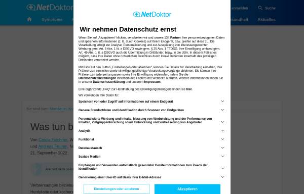 Vorschau von www.netdoktor.de, Erste Hilfe bei Verbrennungen und Verbrühungen