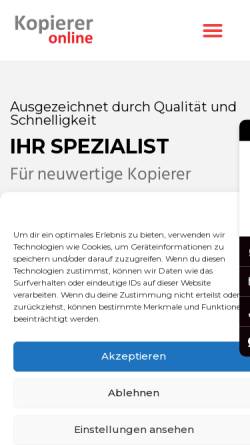Vorschau der mobilen Webseite www.kopierer-online.de, Sandra Bom Kopiergeräte &Car Multimedia Systeme