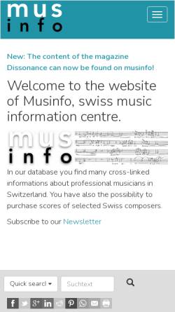 Vorschau der mobilen Webseite www.musinfo.ch, musinfo - die Datenbank zur Schweizer Musik