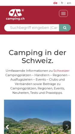Vorschau der mobilen Webseite www.camping.ch, Campingverzeichnis - Der Schweizer Camping Guide