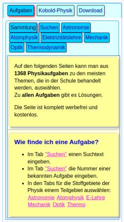 Vorschau der mobilen Webseite physikaufgaben.de, Pittys Physikseite