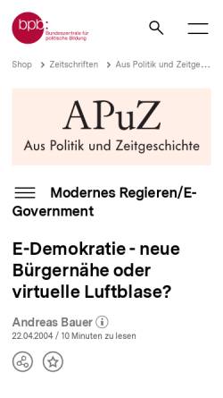 Vorschau der mobilen Webseite www.bpb.de, E-Demokratie - neue Bürgernähe oder virtuelle Luftblase?