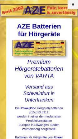 Vorschau der mobilen Webseite www.aze-shop.de, AZE Batterien für Hörgeräte