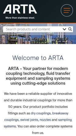 Vorschau der mobilen Webseite www.arta.com, ARTA Armaturen- und Tankgerätebau GmbH & Co. KG