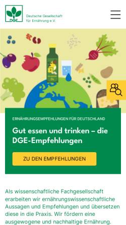 Vorschau der mobilen Webseite www.dge.de, Deutsche Gesellschaft für Ernährung, DGE