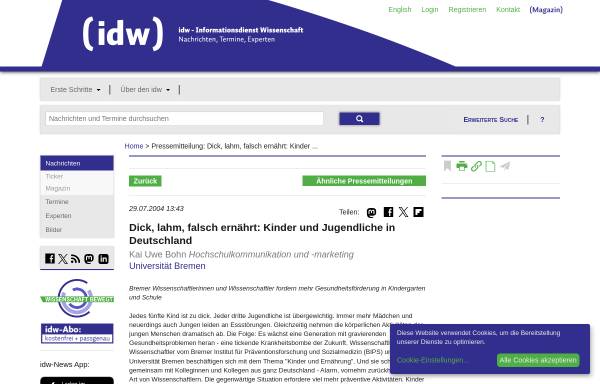 Vorschau von idw-online.de, Dick, lahm, falsch ernährt: Kinder und Jugendliche in Deutschland