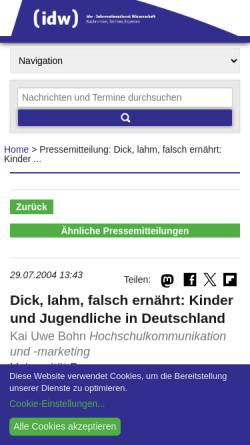 Vorschau der mobilen Webseite idw-online.de, Dick, lahm, falsch ernährt: Kinder und Jugendliche in Deutschland