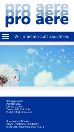 Vorschau der mobilen Webseite www.proaere.ch, pro aere - Passivrauchen am Arbeitsplatz