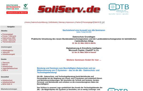Vorschau von www.soliserv.de, SoliServ-Datenbank für Betriebsräte und Arbeitnehmer
