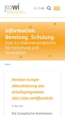 Vorschau der mobilen Webseite www.kowi.de, KoWi Koordinierungsstelle EG der Wissenschaftsorganisationen