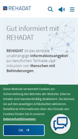 Vorschau der mobilen Webseite www.rehadat.info, REHADAT - Informationen zur beruflichen Rehabilitation