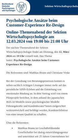 Vorschau der mobilen Webseite www.abo-psychologie.de, Sektion ABO-Psychologie im Berufsverband Deutscher Psychologinnen und Psychologen e.V. (BDP)