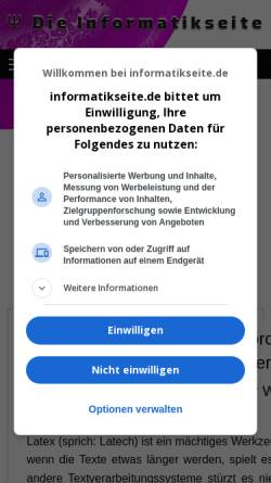 Vorschau der mobilen Webseite www.informatikseite.de, LaTeX - eine kurze Einführung